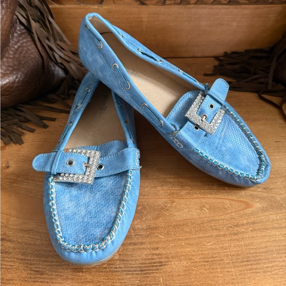 Nature Breeze Shoes - Natures Breeze Blue Loafers With Rhinestone Buckles Size 9